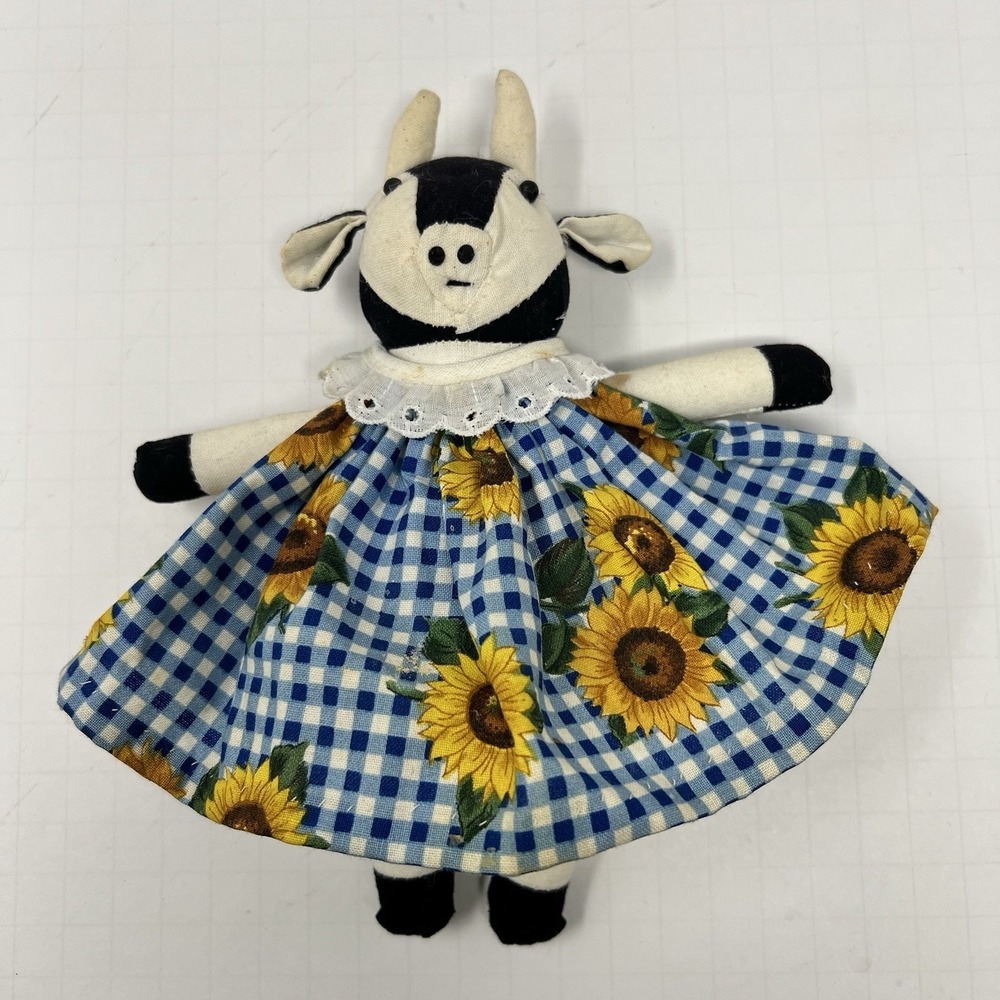 Handmade Cow Plush Rag Doll Cloth Stuffed Animal Sunflower‎ Dress Farm Toy